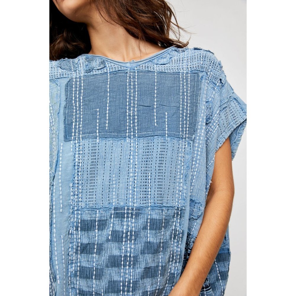 NWT Free People Patch Me Up Tee / Denim Combo - Picture 4 of 6